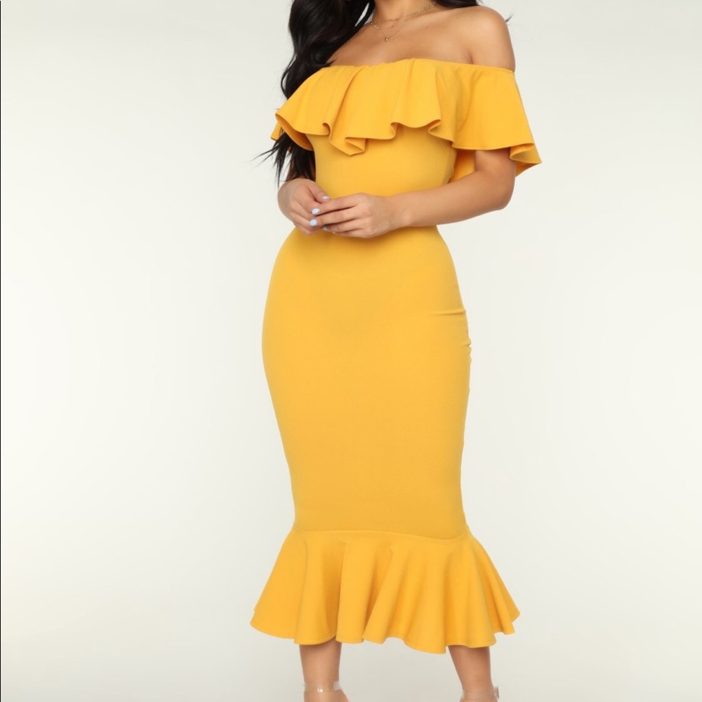 Yellow off shoulder ruffle dress
